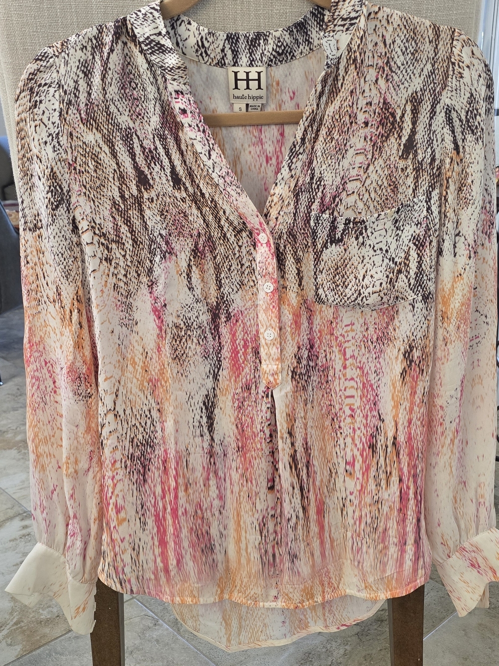 Haute Hippie Sheer Multicolor Print Blouse — Pink, Tan & Cream